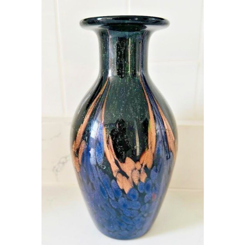 Vintage Dale Tiffany for Pier 1 Imports Mardi Gras Art Glass Vase 9.25 in.